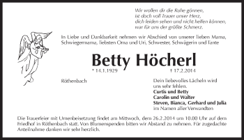 Traueranzeige von Betty Höcherl von Pegnitz-Zeitung